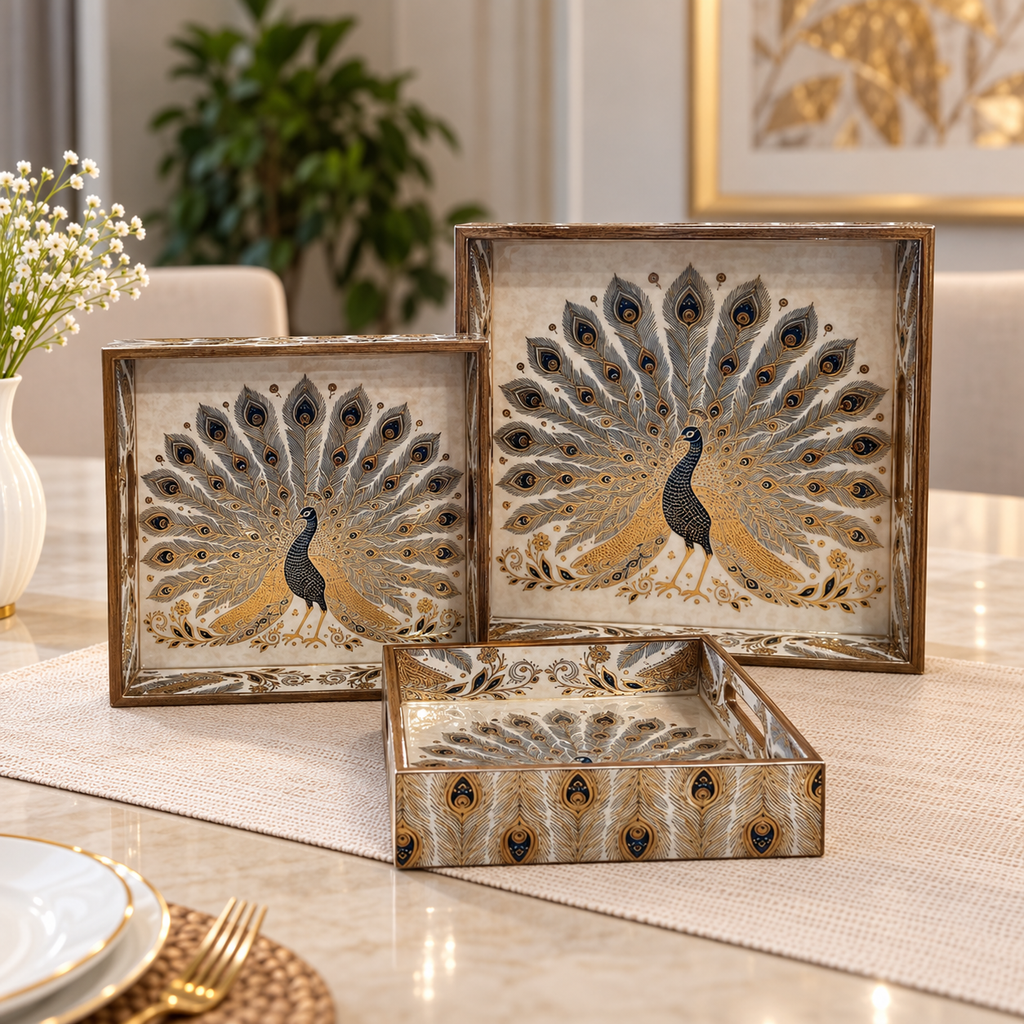 Wooden Royal Peocock Serving Tray set of 3 with Gold Engraving (Square)