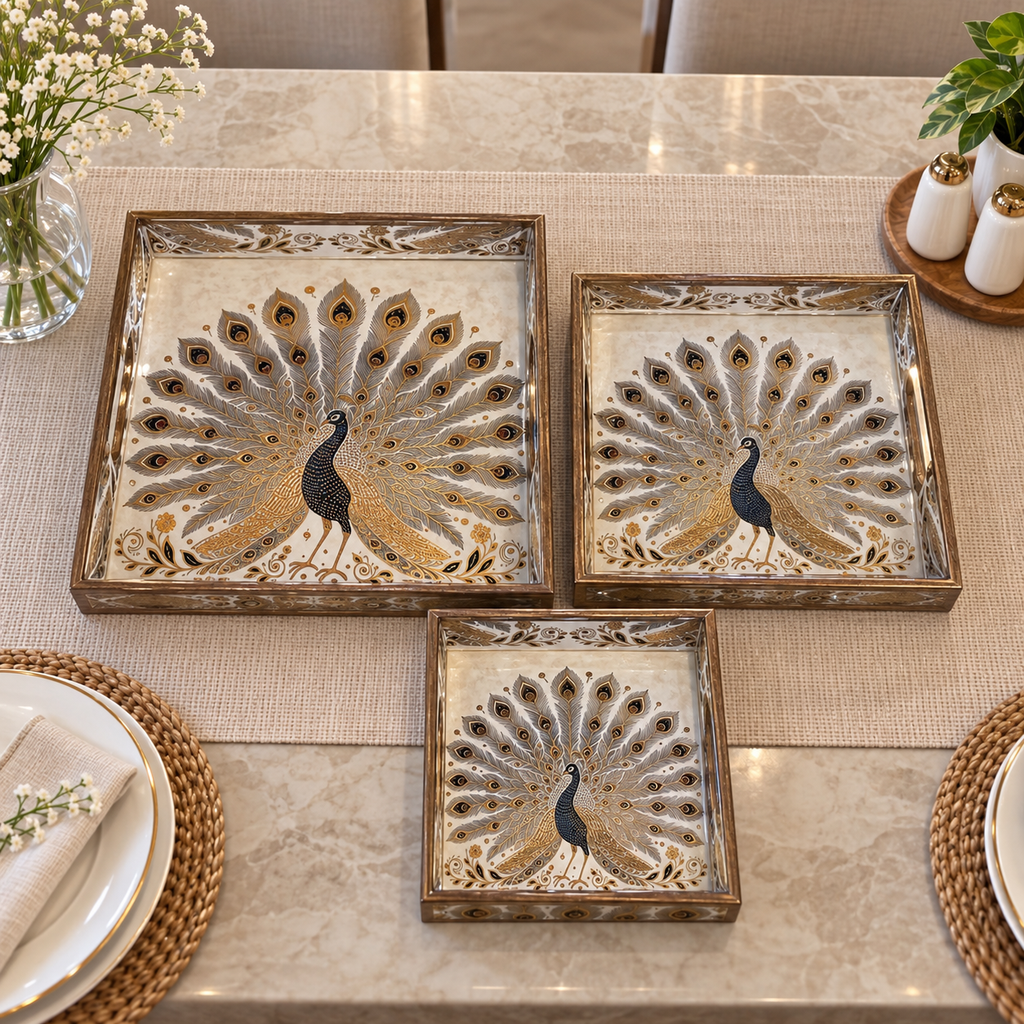 Wooden Royal Peocock Serving Tray set of 3 with Gold Engraving (Square)