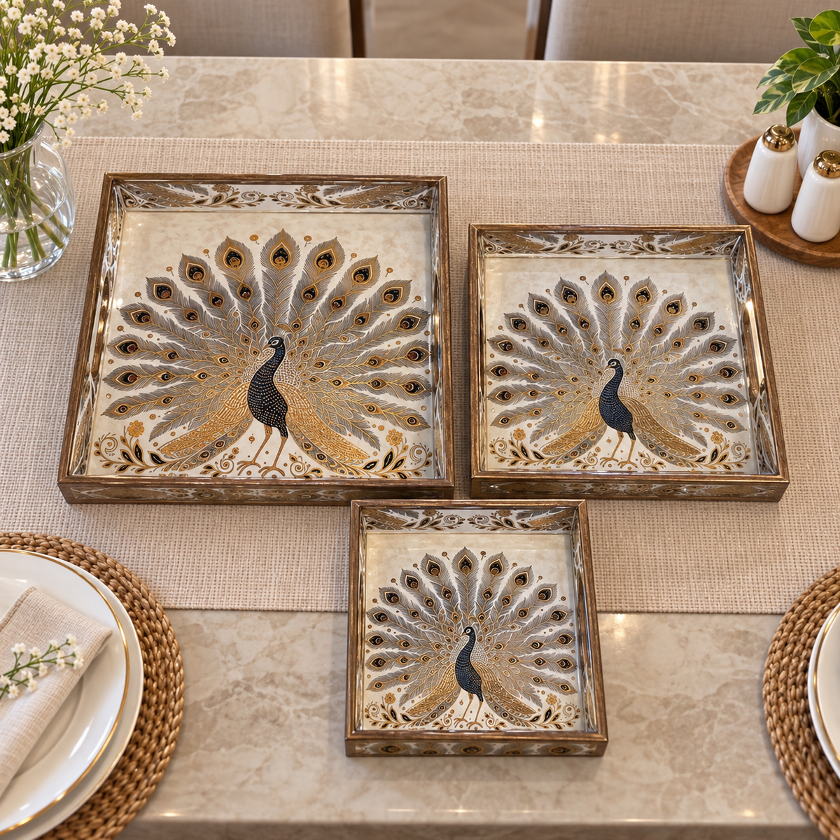 Wooden Royal Peocock Serving Tray set of 3 with Gold Engraving (Square)