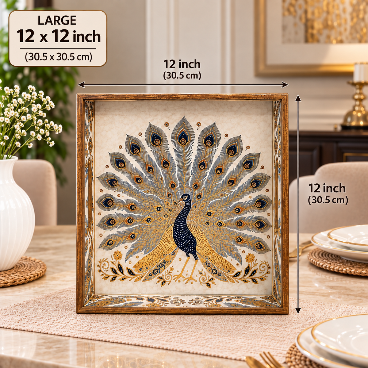 Wooden Royal Peocock Serving Tray set of 3 with Gold Engraving (Square)