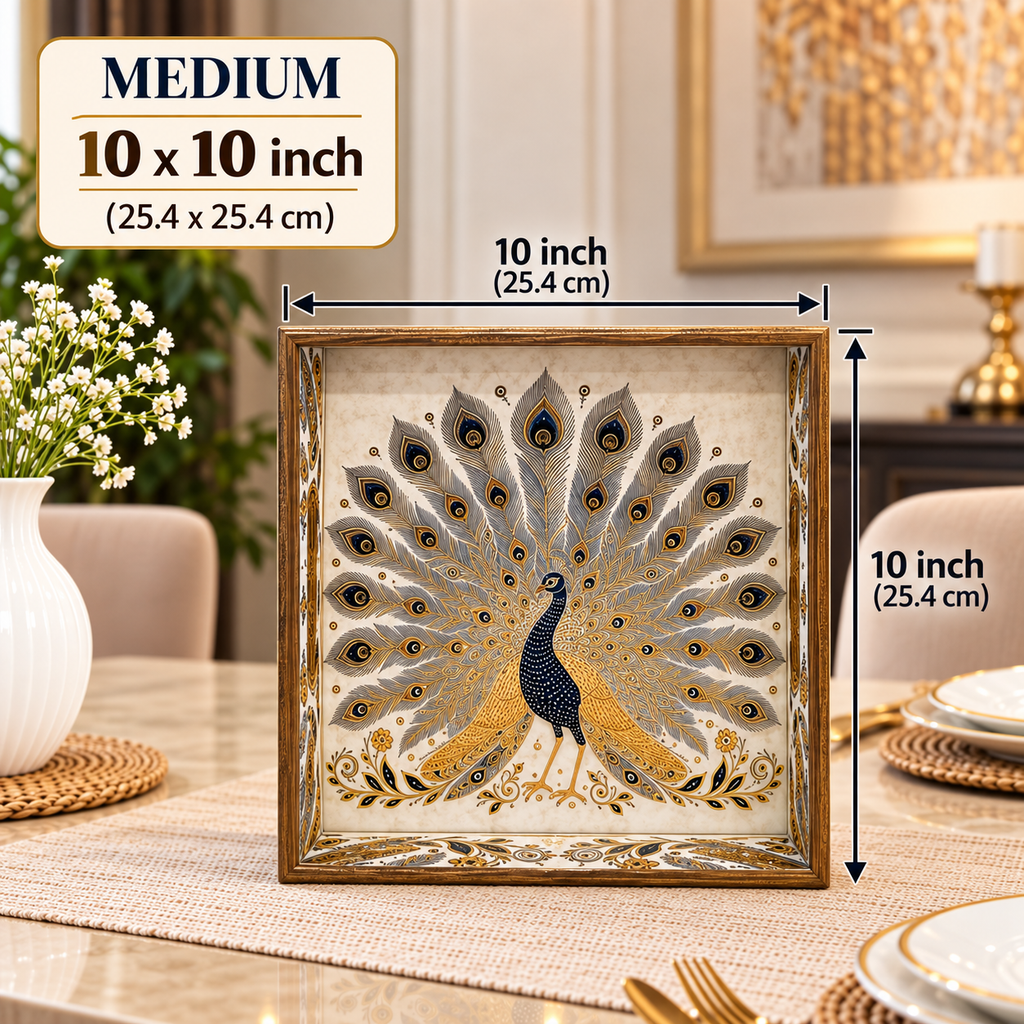 Wooden Royal Peocock Serving Tray set of 3 with Gold Engraving (Square)