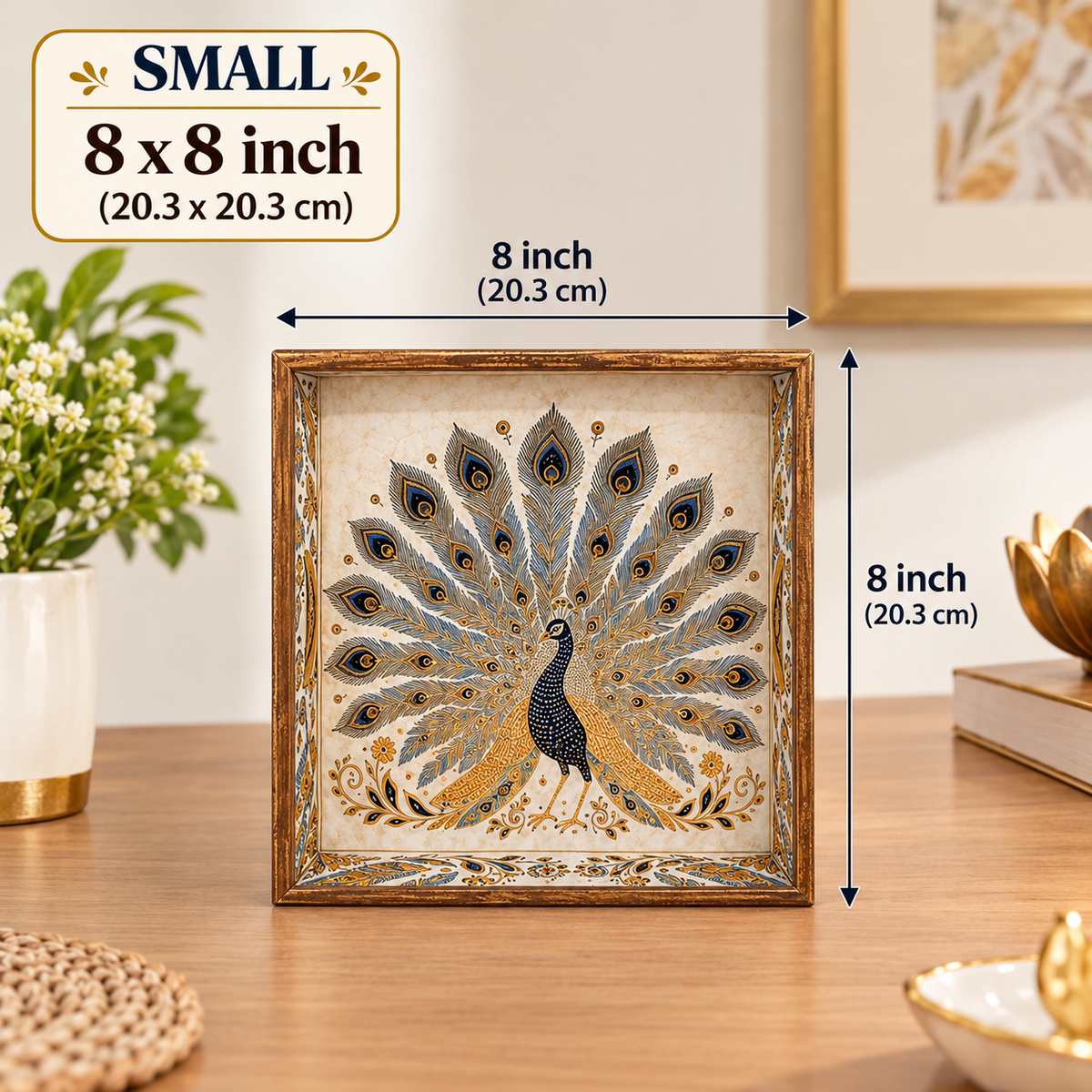 Wooden Royal Peocock Serving Tray set of 3 with Gold Engraving (Square)