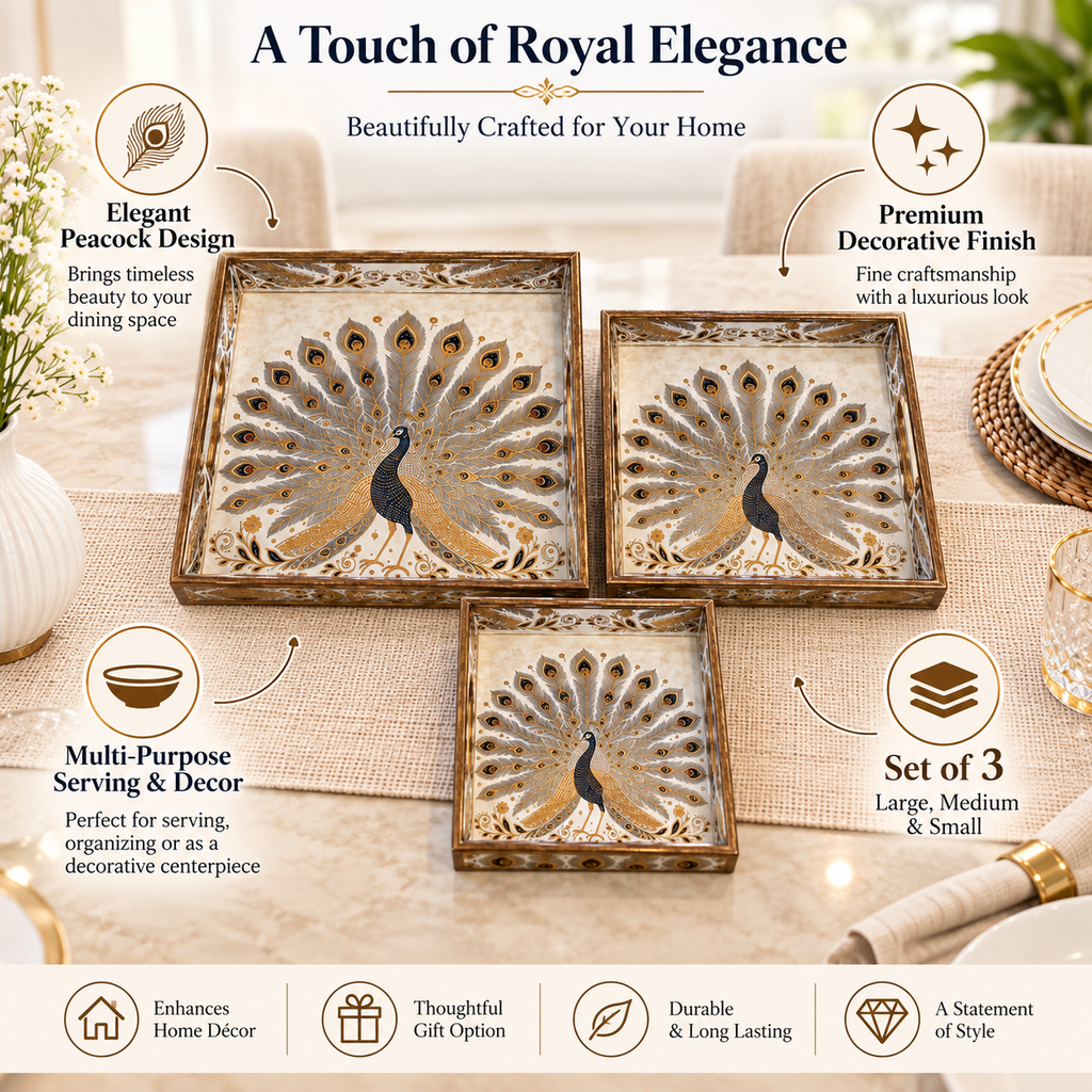 Wooden Royal Peocock Serving Tray set of 3 with Gold Engraving (Square)