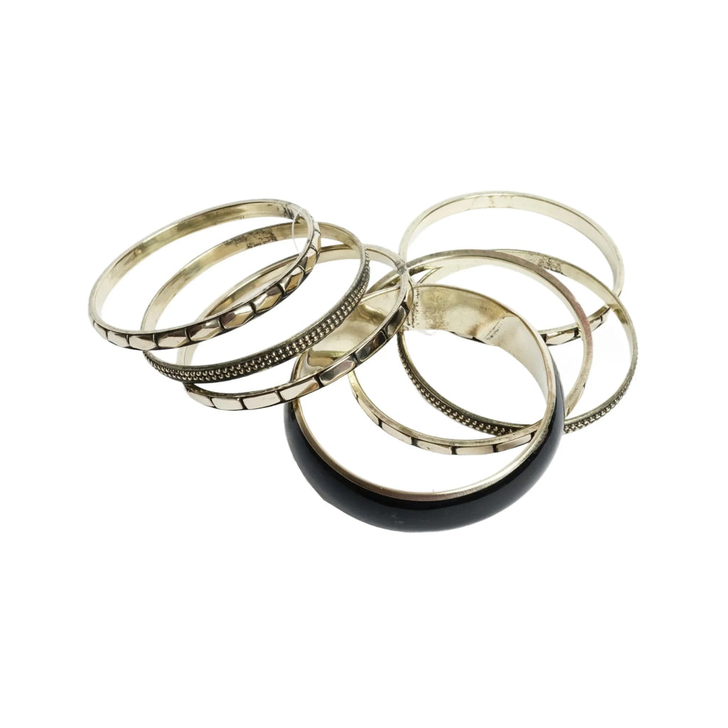 Gold Tone & Black Bangle Bracelet Set for Women - Pack of 7 Assorted Stackable Bangles with Black Resin Work, Fashion Jewelry for Wedding, Party, Daily, Office - gift for her