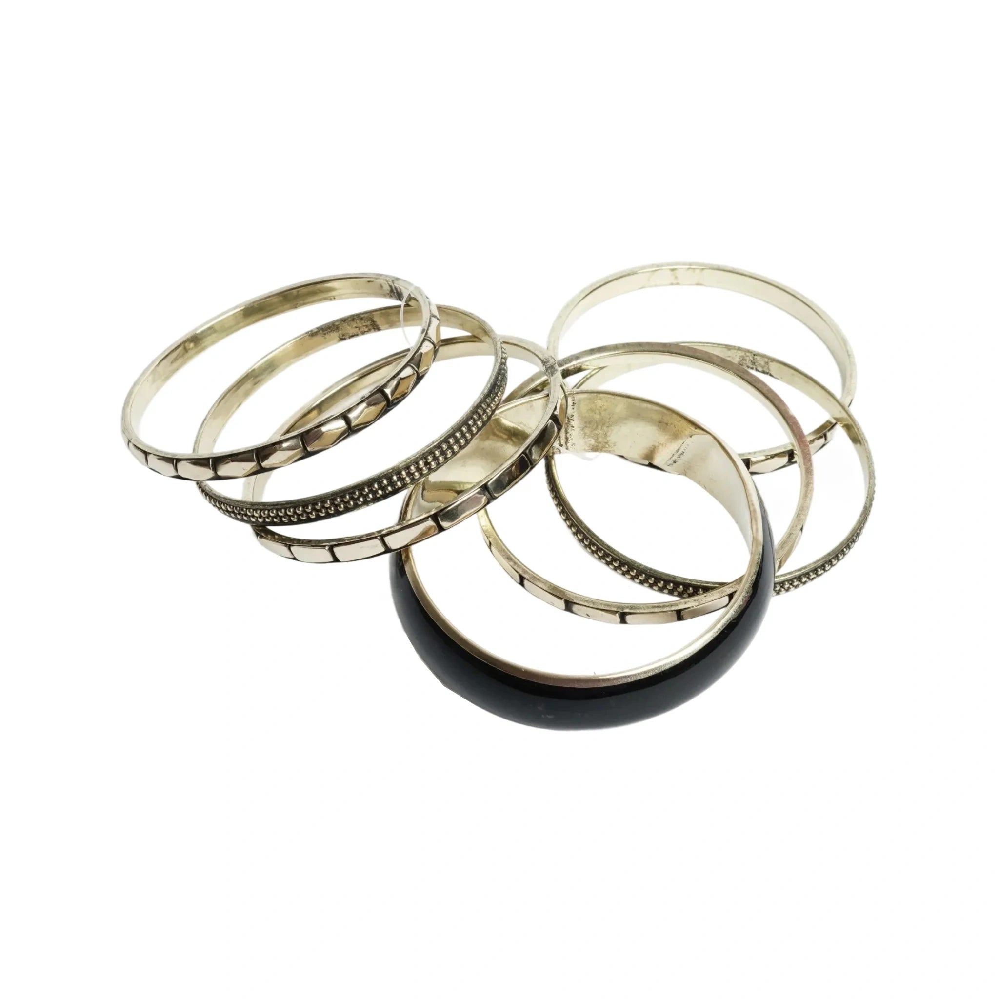 Gold Tone & Black Bangle Bracelet Set for Women - Pack of 7 Assorted Stackable Bangles with Black Resin Work, Fashion Jewelry for Wedding, Party, Daily, Office - gift for her