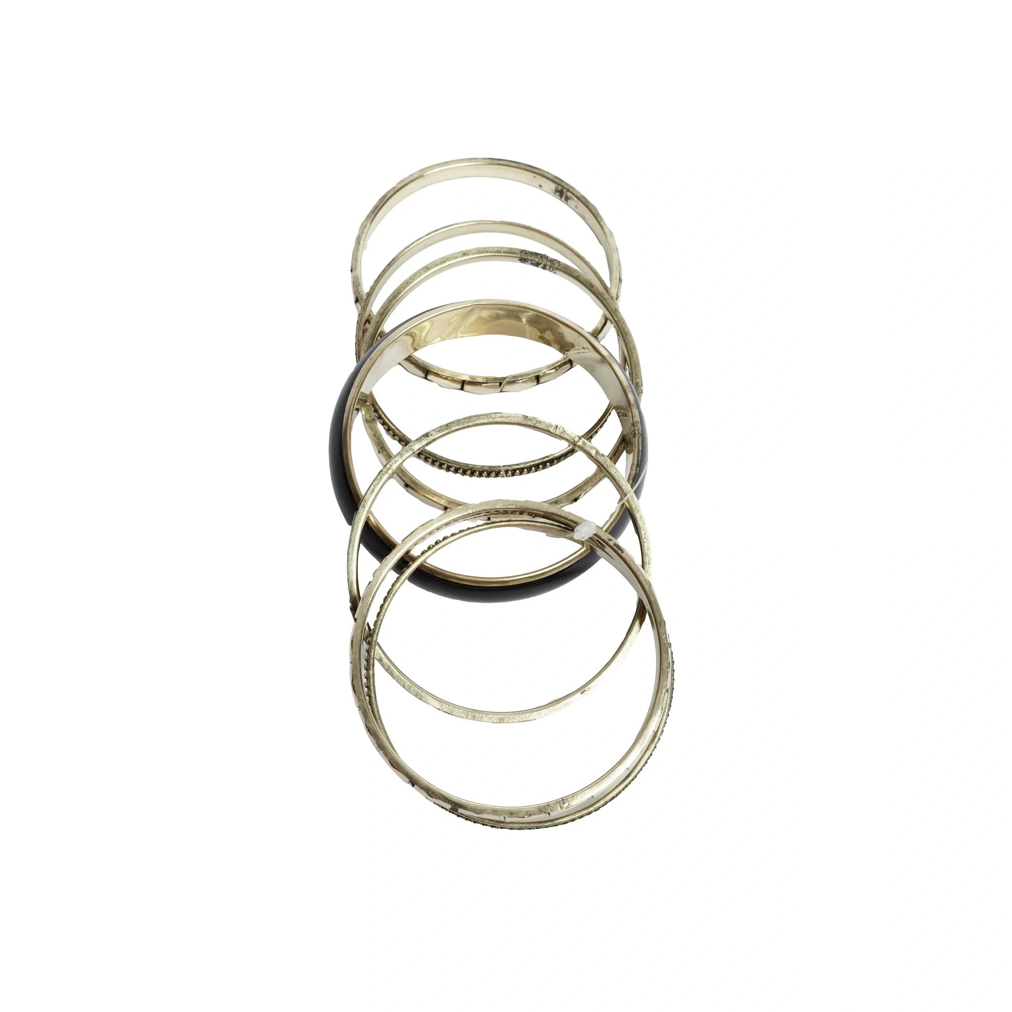 Gold Tone & Black Bangle Bracelet Set for Women - Pack of 7 Assorted Stackable Bangles with Black Resin Work, Fashion Jewelry for Wedding, Party, Daily, Office - gift for her