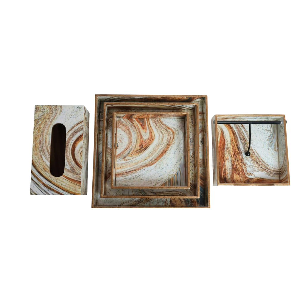 Wooden Italian Marble Serving Trey of 3+ Tissue Paper Box +Weight Tisssue Holder